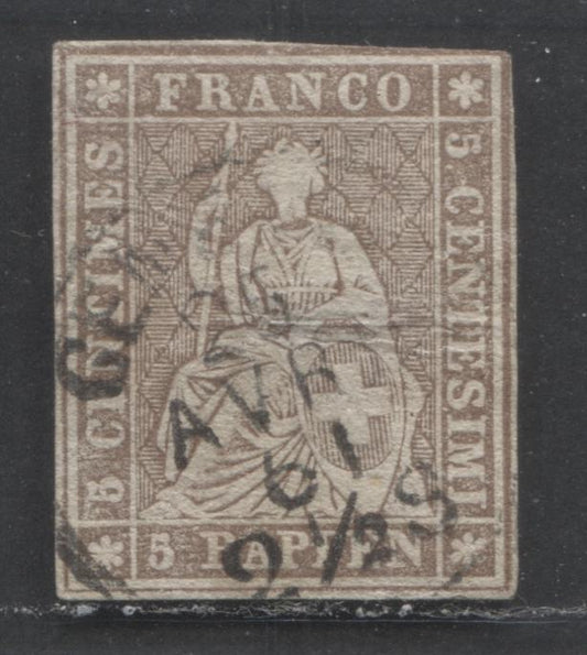 Lot 515 Switzerland #24 5r Grey Brown Helvetia, 1854-1855 Seated Helvetia Issue, A Fair Used Single With Yellow Silk Thread