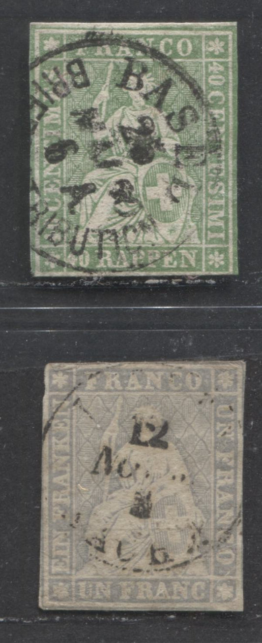 Lot 516 Switzerland #19, 30/31 40r, 1f Green & Lavender Helvetia, 1854-1855 Seated Helvetia Issue, 2 Fair used Singles With Emerald Silk Thread & Without Silk Thread