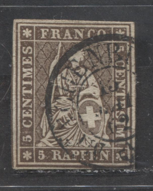 Lot 517 Switzerland #36 5r Dark Brown Helvetia, 1858-1862 Seated Helvetia Issue, A Fine Used Single With Green Silk Thread