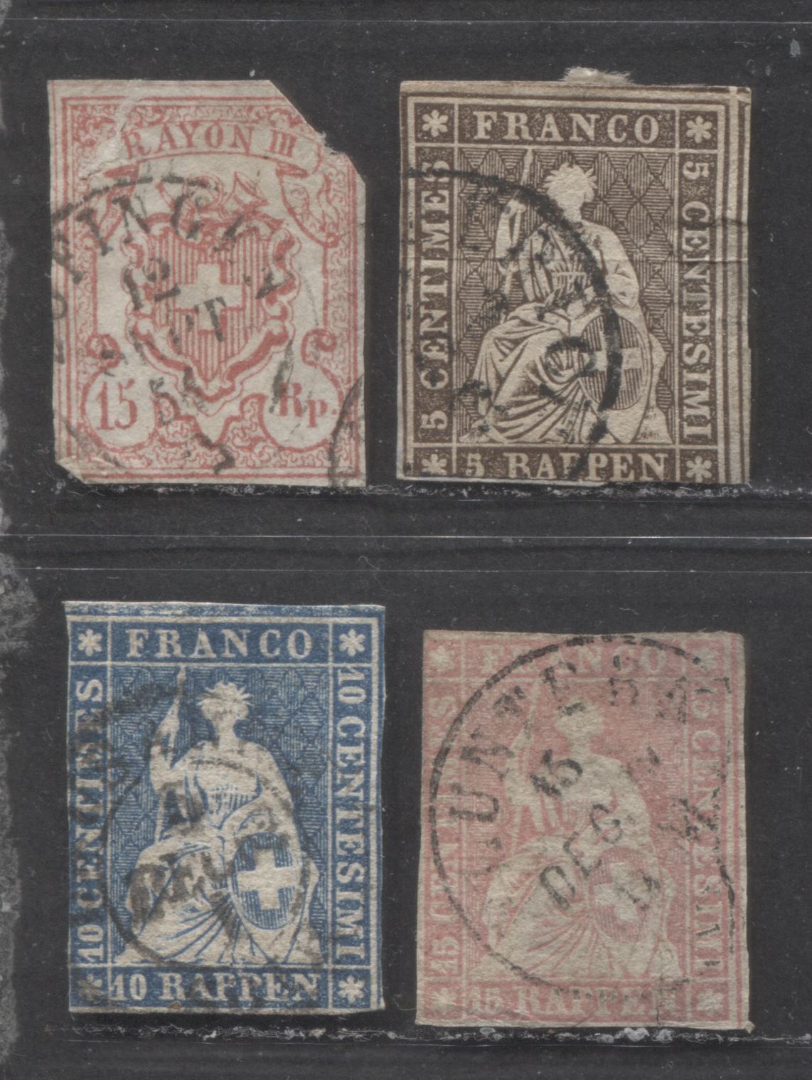 Lot 518 Switzerland #12, 36, 37, 38a 5r-15r Dark Brown-Rose Helvetia, 1858-1862 Seated Helvetia Issue, 4 Ungraded Used Singles All Damaged, Useful For Reference