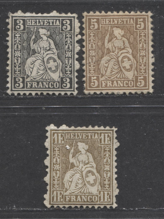 Lot 519 Switzerland #42, 43a, 50 3c-1Fr Brown-Gold Helvetia, 1862-1864 Perforated Seated Helvetia Issue, 3 Fine & VF Used Singles