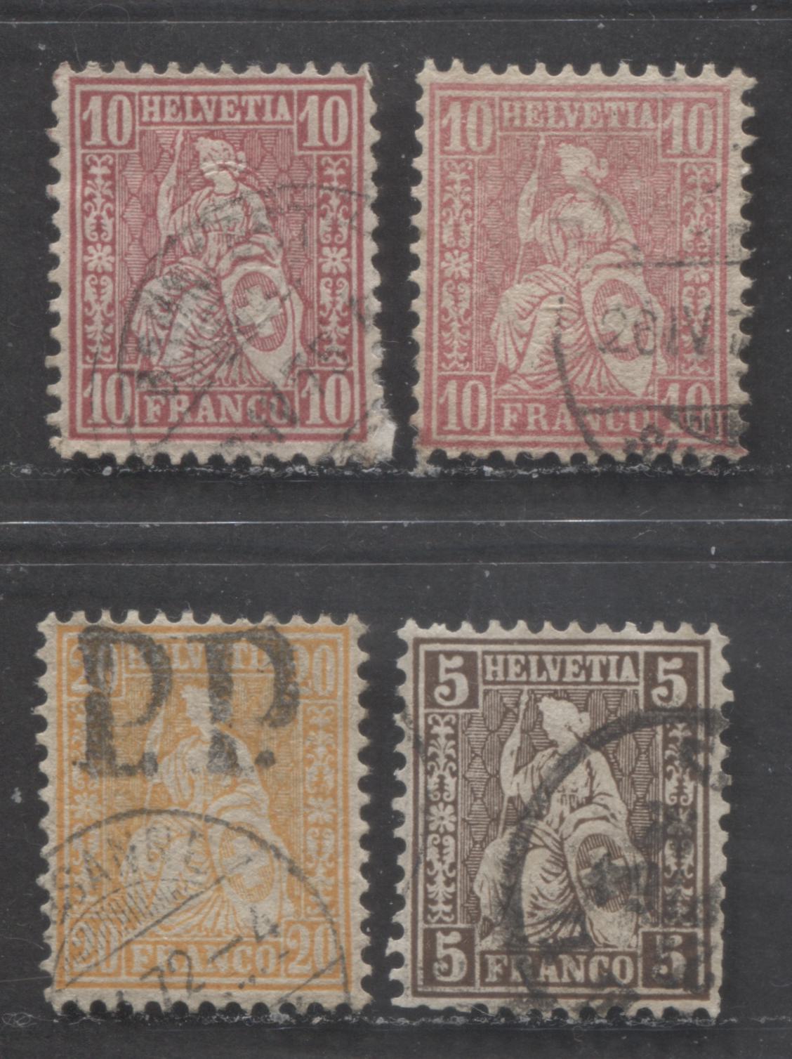 Lot 520 Switzerland #53, 62, 45a, 43 5c-20c Dark Brown-Yellow Orange Helvetia, 1862-1881 Perforated Seated Helvetia Issue, 3  Singles