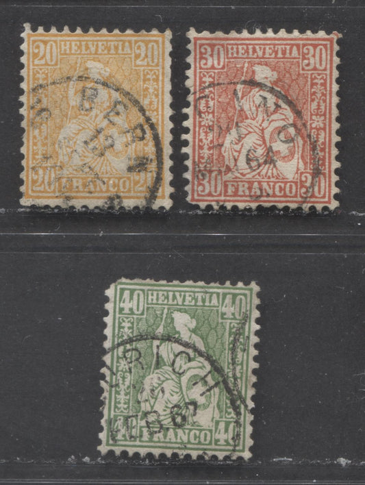 Lot 521 Switzerland #45a, 46, 47 20c-40c Yellow Orange-Green Helvetia, 1862-1864 Perforated Seated Helvetia Issue, 4 VG & Fine Used Singles