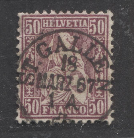 Lot 524 Switzerland #59 50c Violet Helvetia, 1867-1878 Perforated Seated Helvetia Issue, A Fine Used Single SON March 1867 St. Galle CDS