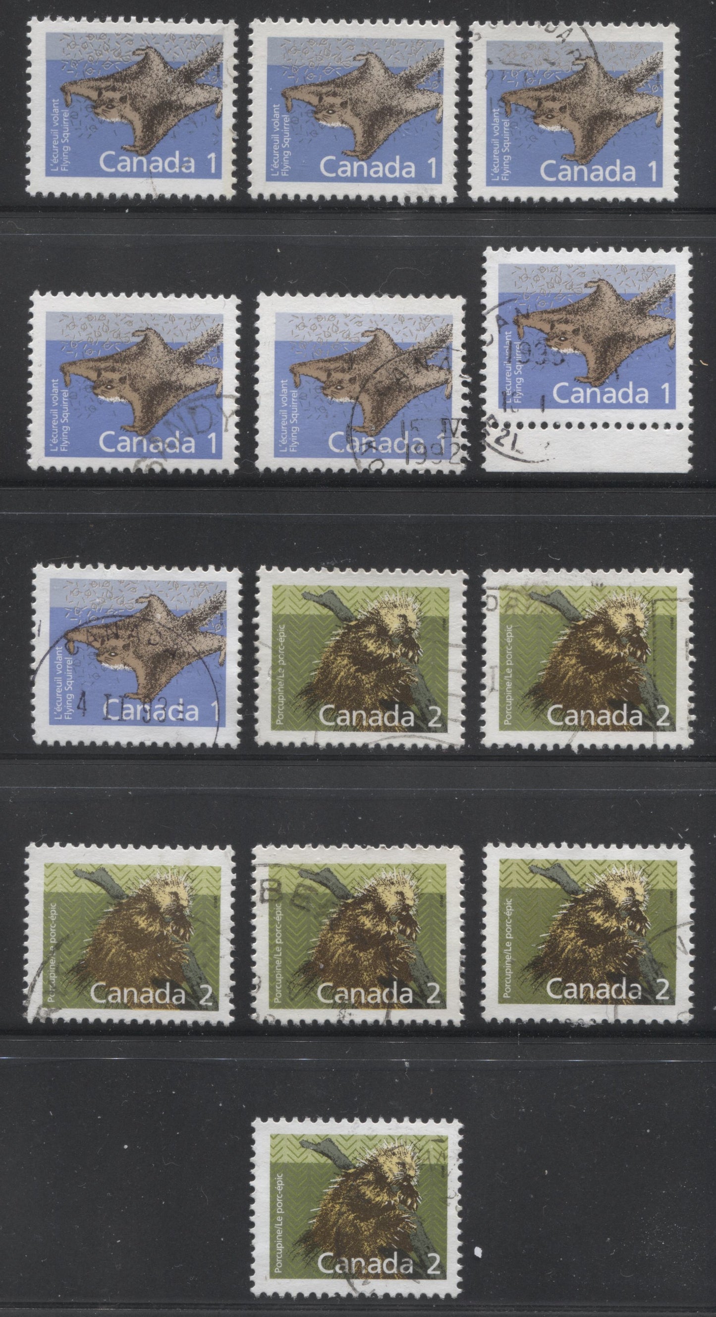 Canada #1155-ii, 1156-i 1c & 2c Multicoloured Flying Squirrel & Porcupine, 1987-1991 Mammal & Architecture Issue, 13 VF Used Singles Various Slater & Coated Papers Papers, Both Perfs, Several Shades & Leaf Types