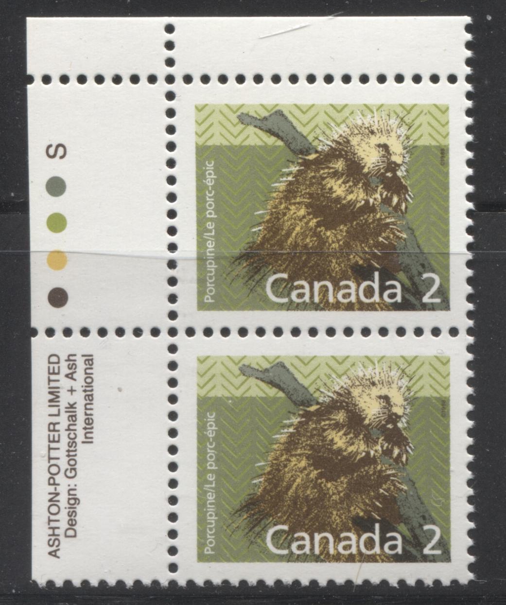 Lot  366 Canada #1156var 2c Multicoloured Porcupine, 1987-1991 Mammal & Architecture Issue, A VFNH UL Inscription Pair DF Bluish White/DF Bluish White Slater Paper, Unusual As Most Are Duller Greyish