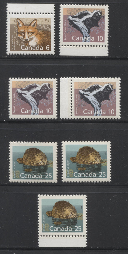 Canada #1159-1160, 1160a, 1161 6c-25c Multicoloured Red Fox - Beaver, 1987-1991 Mammal & Architecture Issue, 7 VFNH Singles Various Printings Including Scarce Perf. 13.1 x 12.7 10c Skunk