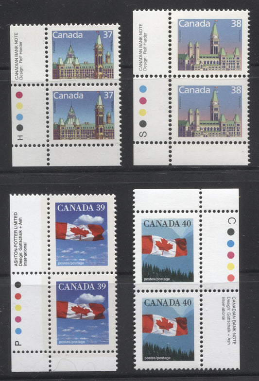 Canada #1163, 1165, 1166i, 1169 37c-40c Multicoloured Parliament Buildings & Canadian Flag, 1987-1991 Mammal & Architecture Issue, 4 VFNH Inscription Pairs Various Positions, Includes the Scarce 39c on DF Peterborough Paper