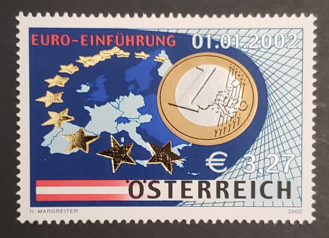 Lot 57 Austria SC#1861 €3,27 Multicolored 2002 Introduction Of The Euro, A VFNH Single, Click on Listing to See ALL Pictures, 2017 Scott Cat. $8.5