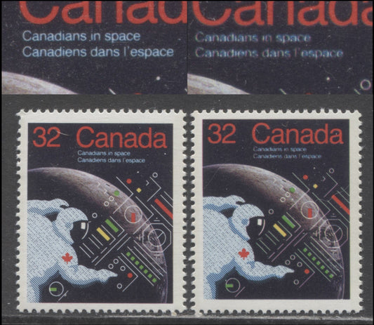 Canada #1046var 32c Multicoloured Astronaut & Control Panel, 1985 Canadians In Space Issue, A VFNH Single Downward & Rightward Shift Of Black Casing Blurred White Inscriptions, DF1/DF2 Harrison Paper, With Normal To Compare