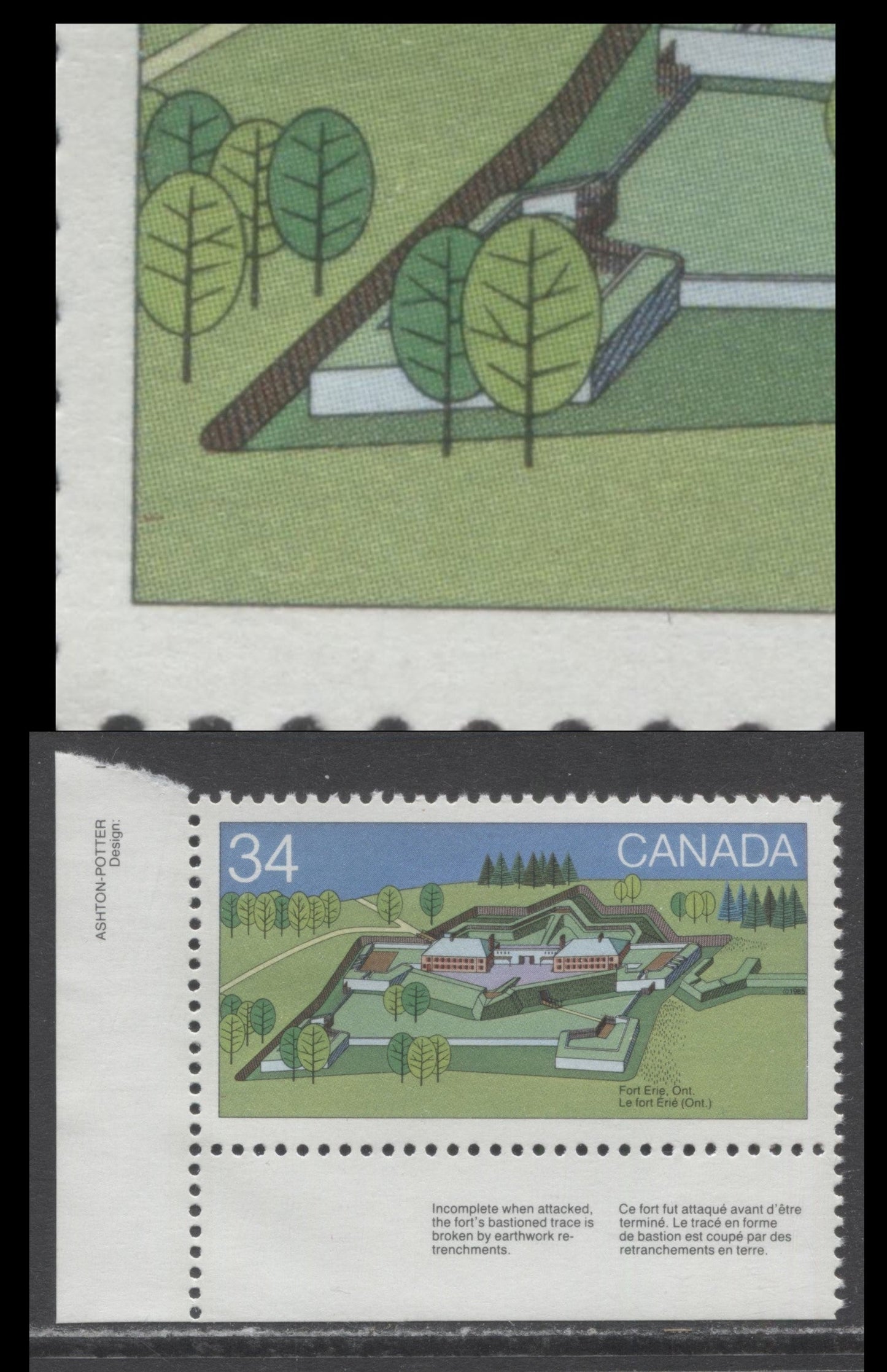 Canada #1055var 34c Multicoloured Fort Erie, 1985 Forts of Canada Issue, A VFNH Single Red Dash On Grass Variety, Tertiary and Possibly Constant, DF2/DF2 Harrison Paper