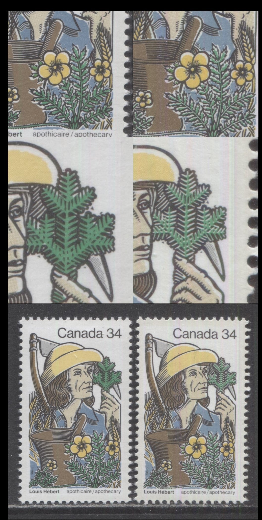 Canada #1060var 34c Multicoloured Louis Hebert & Apothecary Objects, 1985 Louis Hebert Issue, 2 VFNH Singles Variegated Green Plants Variety, MF/MF Rolland Paper