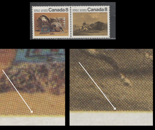 Canada #563avar 8c Multicoloured Buffalo Chase & Artifacts, 1972 Plains Indians Issue, A VFNH Pair Significant Downward Shift of Yellow, MF/HF Paper