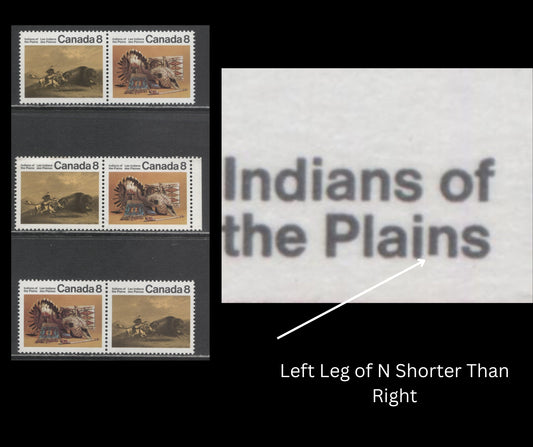 Canada #562i, 563i 8c Multicoloured Buffalo Chase & Artifacts, 1972 Plains Indians Issue, 3 VFNH Pairs Short "N" In Plains, MF/HF, F/HF and LF/HF Paper