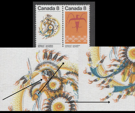 Canada #565avar 8c Multicoloured Sun Dance & Thunderbird, 1972 Plains Indians Issue, A VFNH Pair Rightward Shift of Black, Making Costume Appear Double, DF2/DF1 Vertical Ribbed Paper