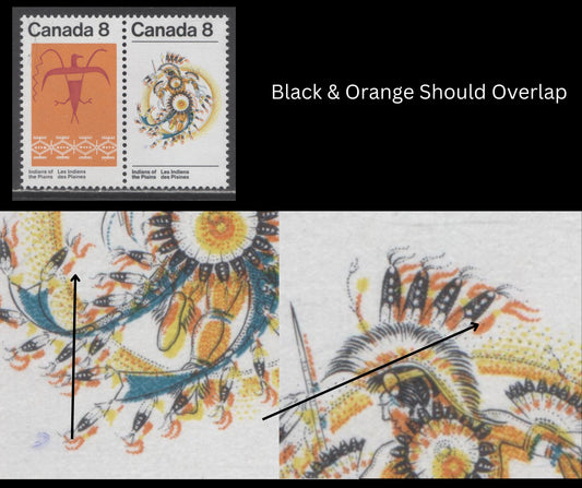 Canada #565avar 8c Multicoloured Sun Dance & Thunderbird, 1972 Plains Indians Issue, A VFNH Pair Upward-Leftward Shift of Black, DF2/DF2-fl Vertical Ribbed Paper