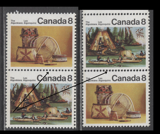 Canada #567aiivar 8c Multicoloured Micmac Indians & Artifacts, 1972 Algonkian Indians Issue, 2 VFNH Pairs Large & Small Perforation Holes, HF9/HB11 Paper