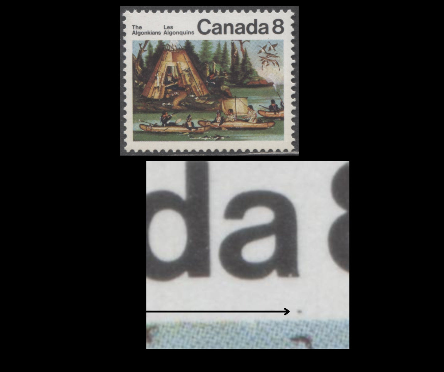 Canada #567iivar 8c Multicoloured Micmac Indians , 1972 Algonkian Indians Issue, A VFNH Single Dot Under "A" Of "Canada", Pale Tagging, Large Perf. Holes, HF8/HB11 Paper