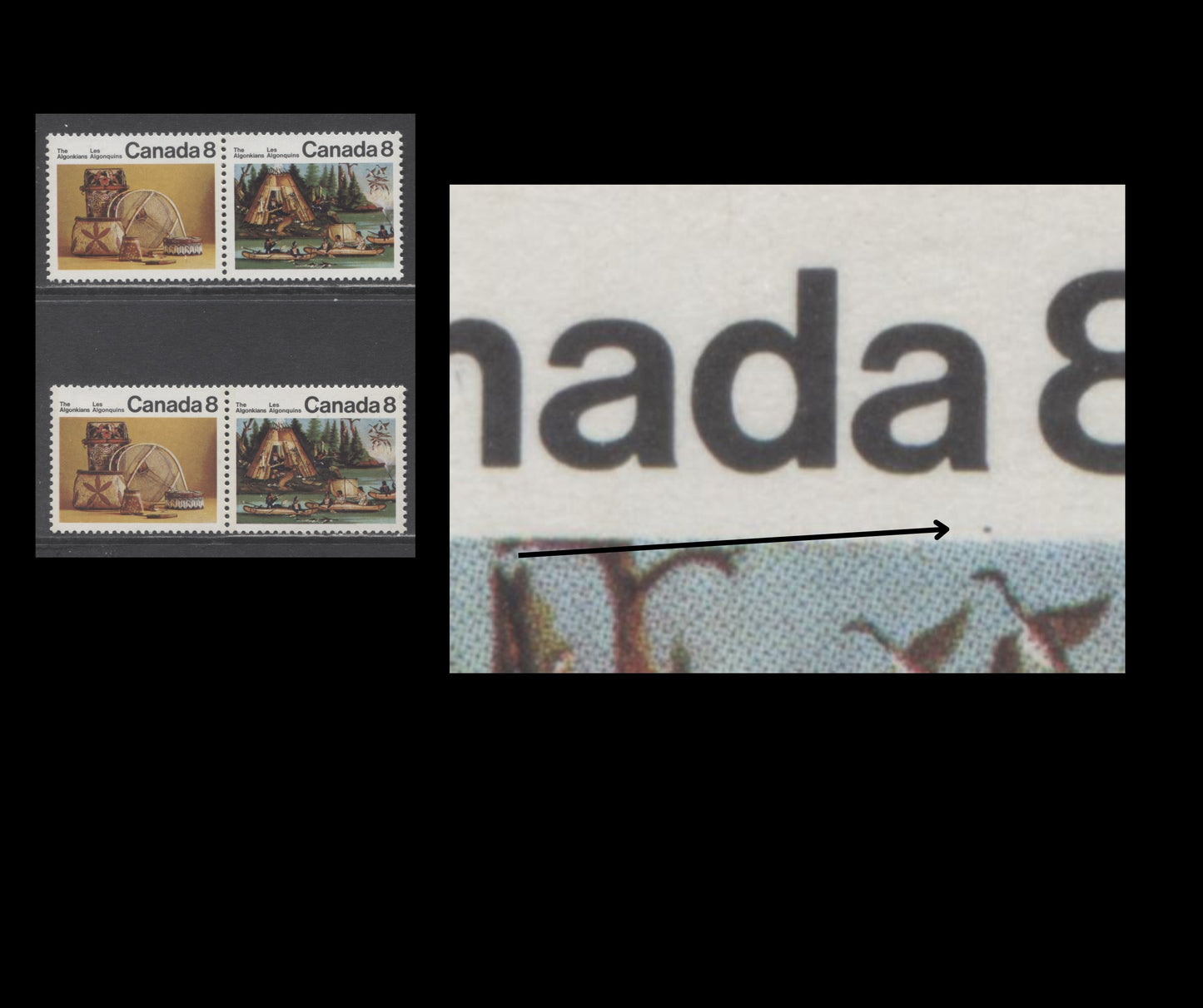 Canada #567aiivar 8c Multicoloured Micmac Indians & Artifacts, 1972 Algonkian Indians Issue, 2 VFNH Pairs Dot Under "A" Of "Canada", Tertiary Or Possibly Constant, MF6/HB11 & HF8/HB10 Papers