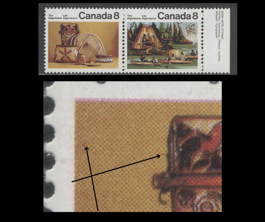 Canada #567aiivar 8c Multicoloured Micmac Indians & Artifacts, 1972 Algonkian Indians Issue, A VFNH Pair 2 Pink Dots To Left of Drum (Pos. 9), Possibly Tertiary/Constant, MF6/HB10 Paper