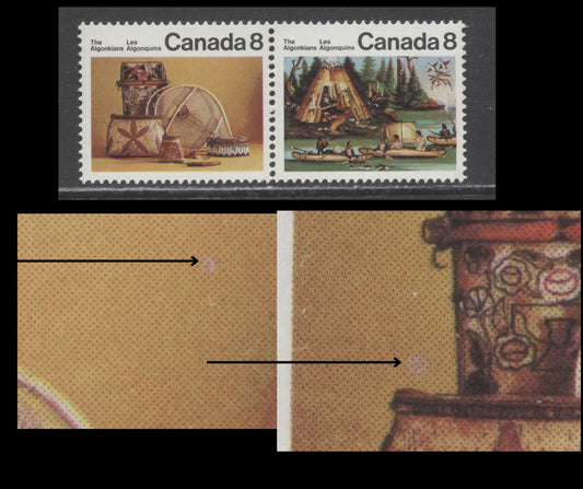 Canada #567aiivar 8c Multicoloured Micmac Indians & Artifacts, 1972 Algonkian Indians Issue, A VFNH Pair Pink Blemishes Under "A" Of "Canada" & Left Of Drum, Possibly Tertiary, MF6/HB10 Paper
