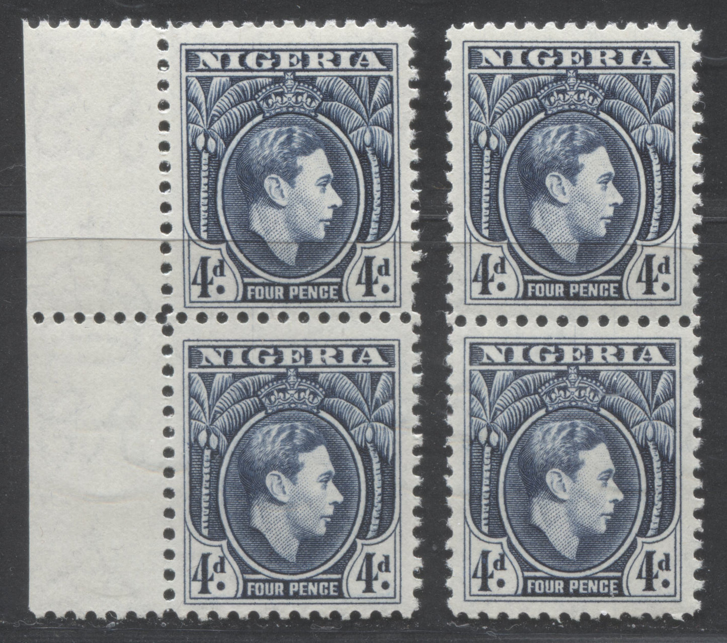 Lot 438 Nigeria #68var (SG#54avar) 4d Dark Blue King George VI, 1938-1952 King George VI Definitive Issue, 2 VFNH Vertical Pairs, Line Perf 12, Dec. 1944 Printing, Constant Vertical Scratches Through "E" & "G" of "Nigeria"