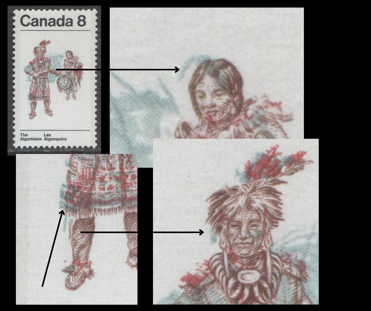 Canada #569var 8c Multicoloured Algonkian Couple, 1973 Algonkian Indians Issue, A VFNH Single Earring Variety Due To Leftward Shift of Light Blue, LF/LF3 Vertical Ribbed Paper