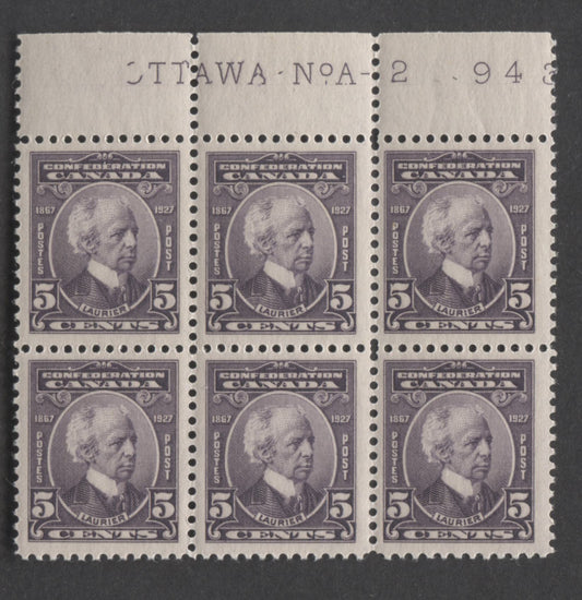 Lot 478 Canada #144 5c Violet Sir Wilfrid Laurier, 1927 60th Anniv Of Confederation, A F/VFNH Plate 2 Block Of 6