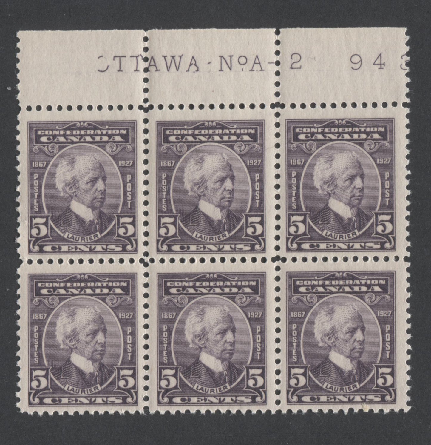 Lot 479 Canada #144 5c Violet Sir Wilfrid Laurier, 1927 60th Anniv Of Confederation, A F/VFNH Plate 2 Block Of 6, Catalogued As Singles