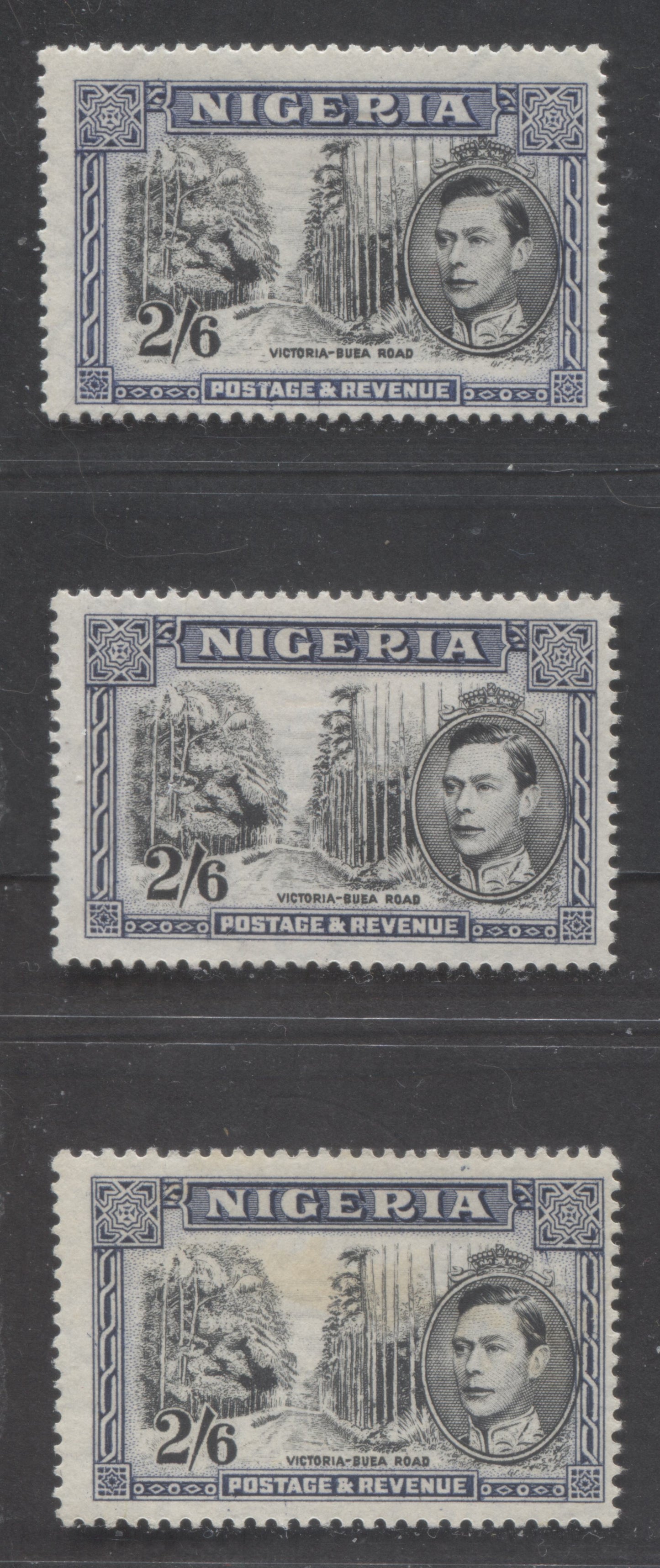 Lot 480 Nigeria #63avar (SG#58ab) 2/6d Black & Deep Blue, Blackish Blue & Indigo Blue King George VI & Buea Road, 1938-1952 King George VI Definitive Issue, 3 Fine OG Singles, Comb Perf. 13.5, 1947 Printings, 2 Stamps With Rightward Vignette Shift