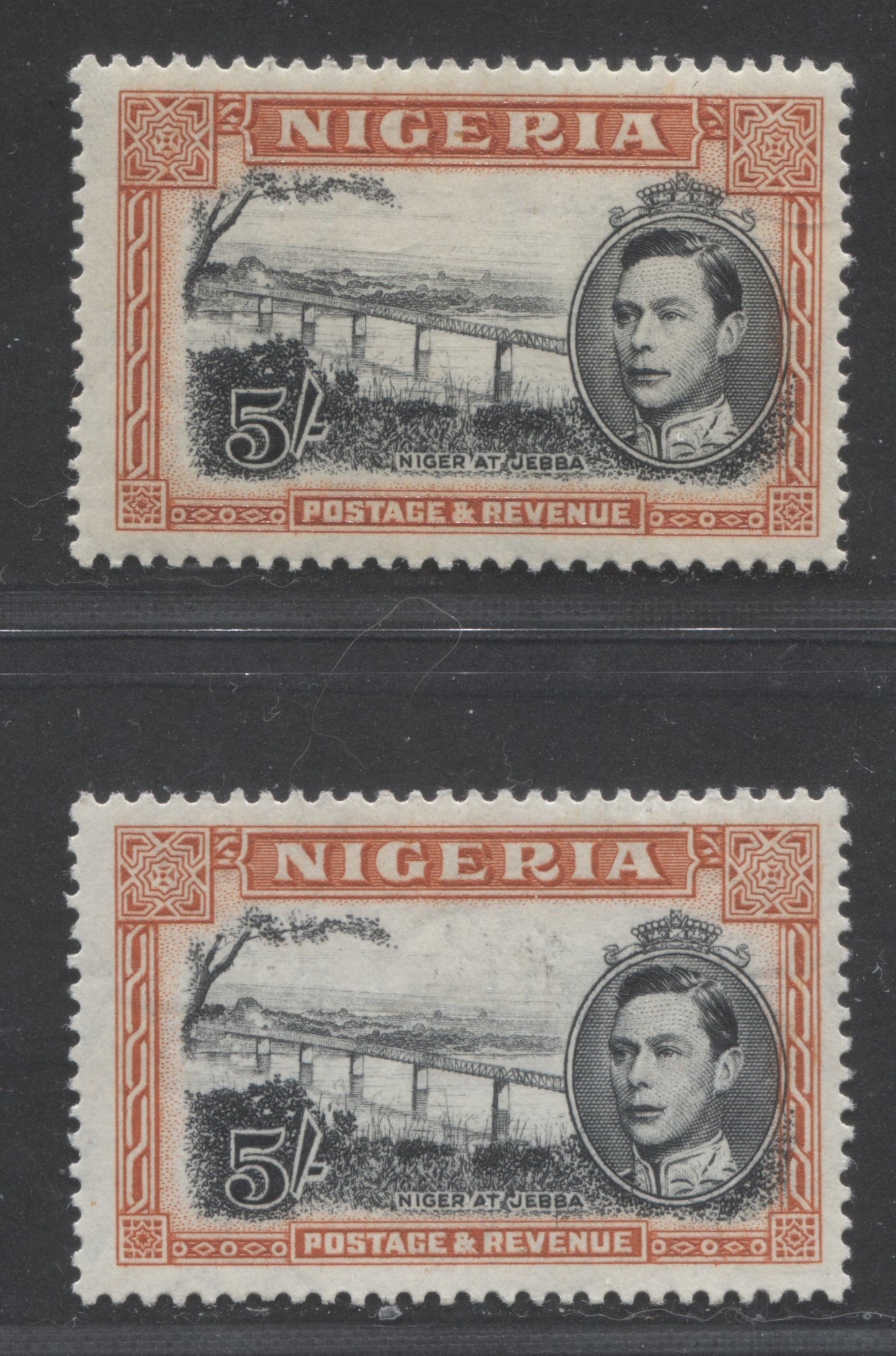 Lot 504 Nigeria #64var (SG#59avar) 5/- Intense Black & Red Orange/Deep Red Orange King George VI & Niger Bridge, 1938-1952 King George VI Definitive Issue, 2 Fine OG Singles, Comb Perf. 13.5, 1946-1947 Printing, Prominent Rightward Vignette Shift