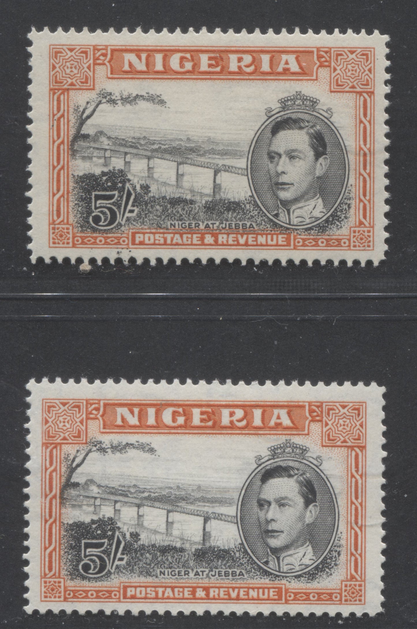 Lot 508 Nigeria #64bvar (SG#59bvar) 5/- Black & Bright Orange King George VI & Niger Bridge, 1938-1952 King George VI Definitive Issue, 2 VFOG Singles, Line Perf. 14.2, 1948 Printing, Crescent Near Medallion Variety & Downward Vignette Shift