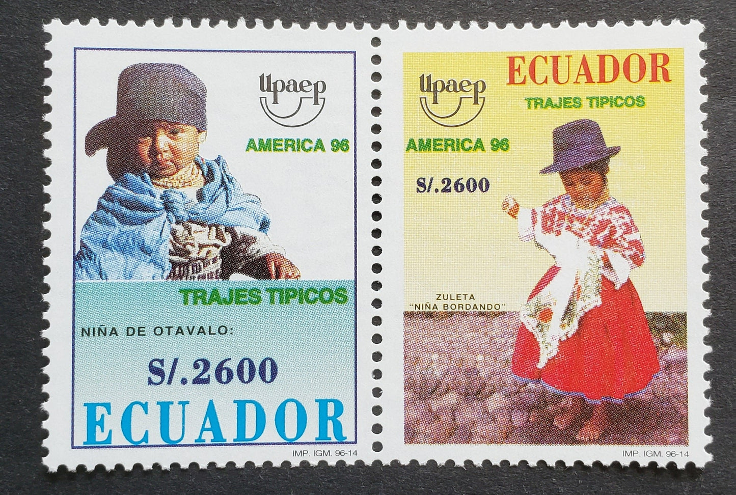 Lot 57 Ecuador SC#1424 S/.2600 Multicolored 1996 America '96, A VFNH Pair, Click on Listing to See ALL Pictures, 2017 Scott Cat. $12.5