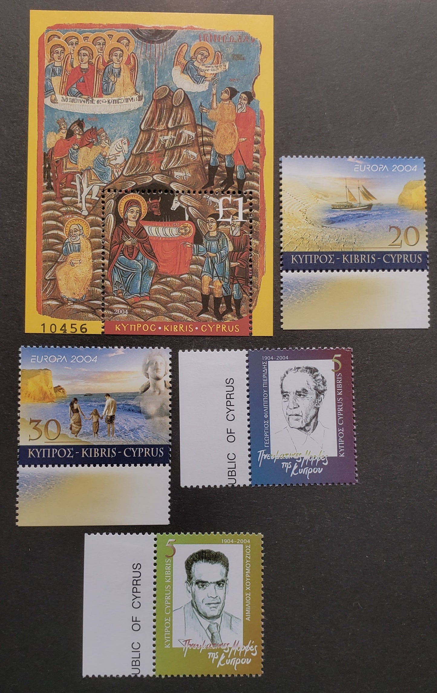 Lot 59 Cyprus SC#1019/1033 2004 Europa - Christmas, 5 VFNH Singles & Souvenir Sheet, Click on Listing to See ALL Pictures, 2017 Scott Cat. $10.85