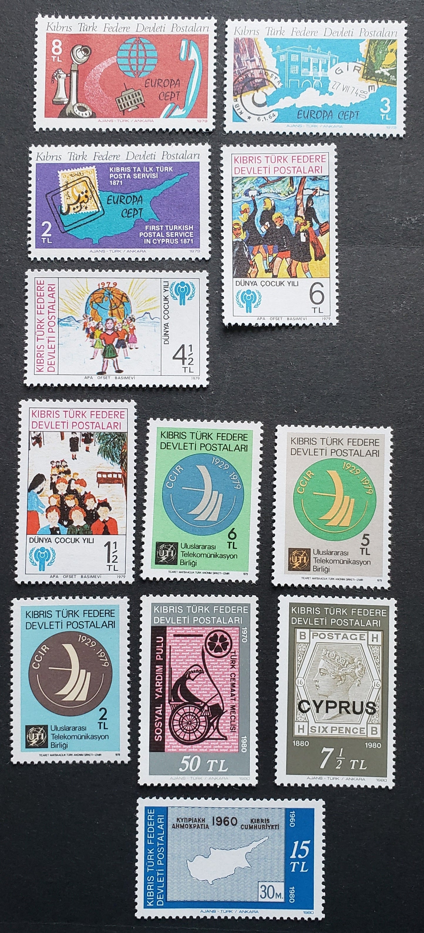 Lot 90 Turkish Republic Of Northern Cyprus SC#71/92 1979-1980 Europa - Stamp Centenary, 12 VFNH Singles, Click on Listing to See ALL Pictures, 2017 Scott Cat. $11.5