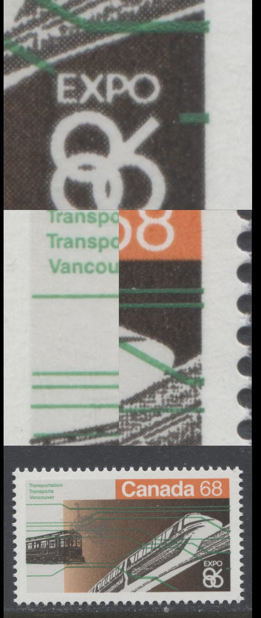 Canada #1093var 68c Multicoloured Skytrain, 1986 Expo'86 Issue, A VFNH Single Showing Slight Rightward Shift of Green