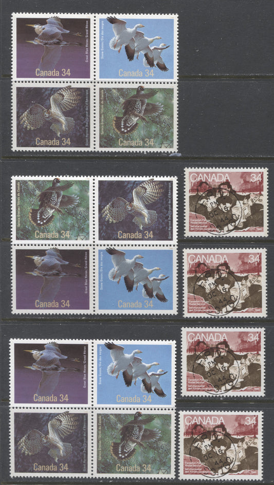 Canada #1094-1094i, 1098a 34c Multicoloured Canadian Soldiers Handling Mail, Various Birds, 1986 CFPO & Birds Issues, 4 VFNH Singles & 3 Blocks of 4 Different F/MF, F/F, LF/LF, F/HF, and LF/F Rolland Papers