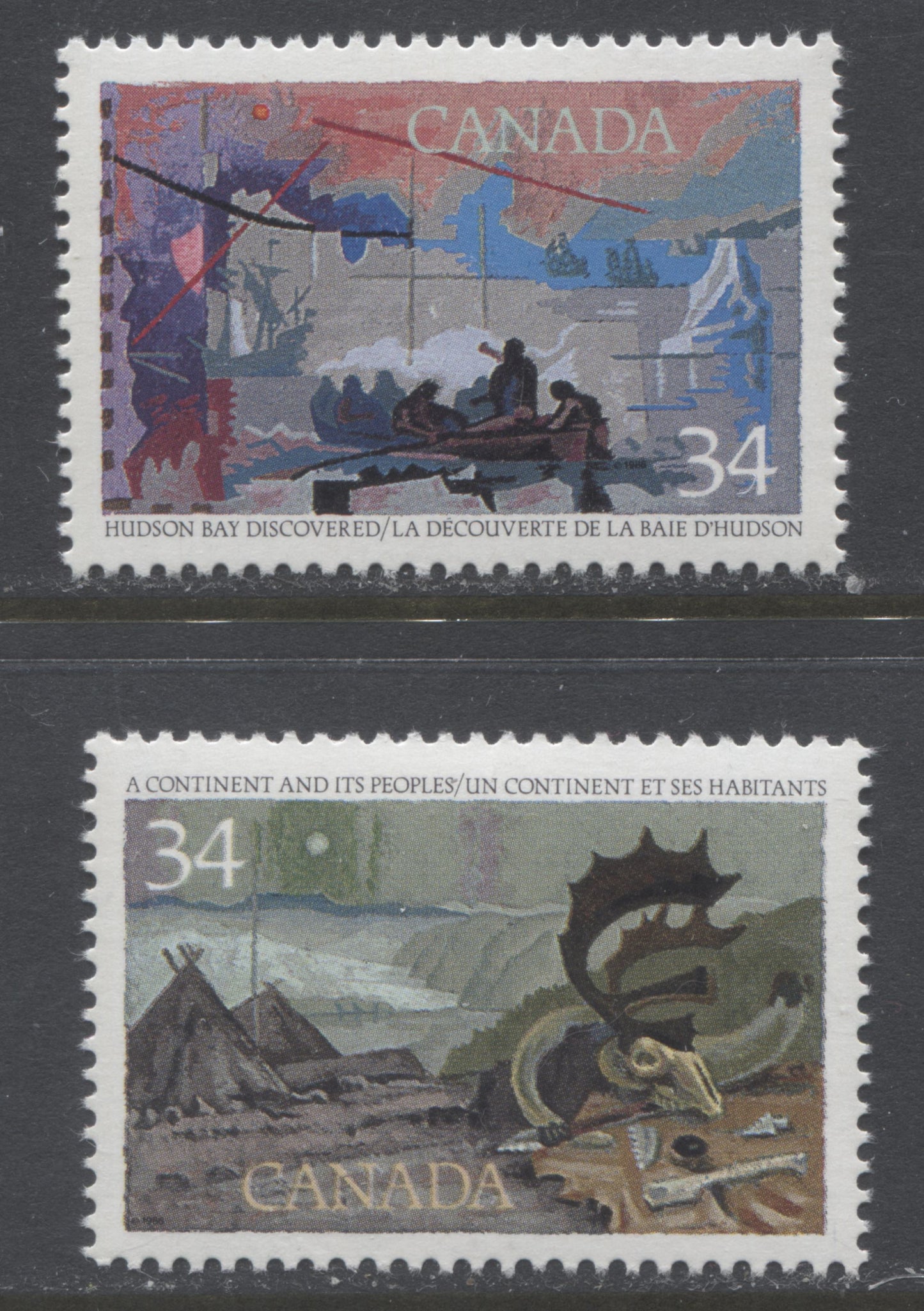 Lot 439 Canada #1104i, 1107i 34c Multicoloured Various Exploration Scenes, 1986 Explorers of Canada Issue, 2 VFNH Singles Crossed "N" (Pos. 41) & Pink Print Flaw (Pos. 49), Fully Constant