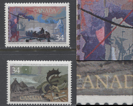 Lot 439 Canada #1104i, 1107i 34c Multicoloured Various Exploration Scenes, 1986 Explorers of Canada Issue, 2 VFNH Singles Crossed "N" (Pos. 41) & Pink Print Flaw (Pos. 49), Fully Constant