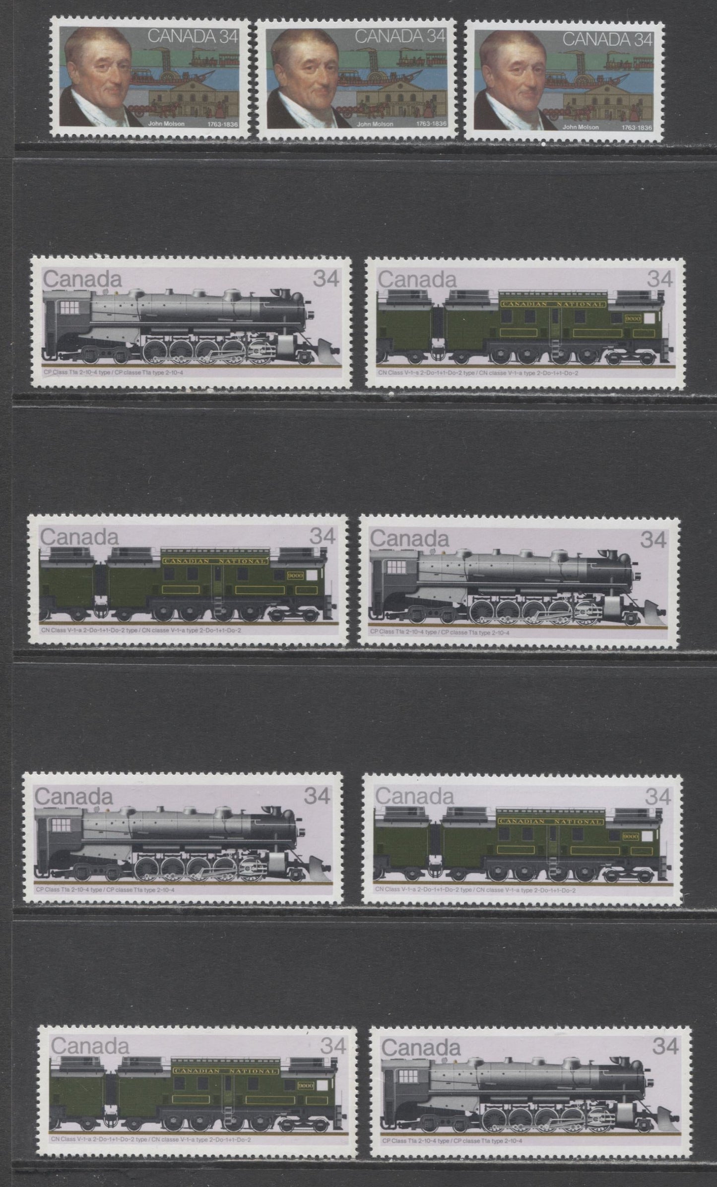 Lot 94 Canada #1117, 1117i, 1118-1119i 34c Multicoloured Various Trains & John Molson, 1986 Locomotives & John Molson  Issues, 11 VFNH Singles F/DF, LF/LF, LF/F, HF/DF, HF/LF & LF/DF Rolland Papers