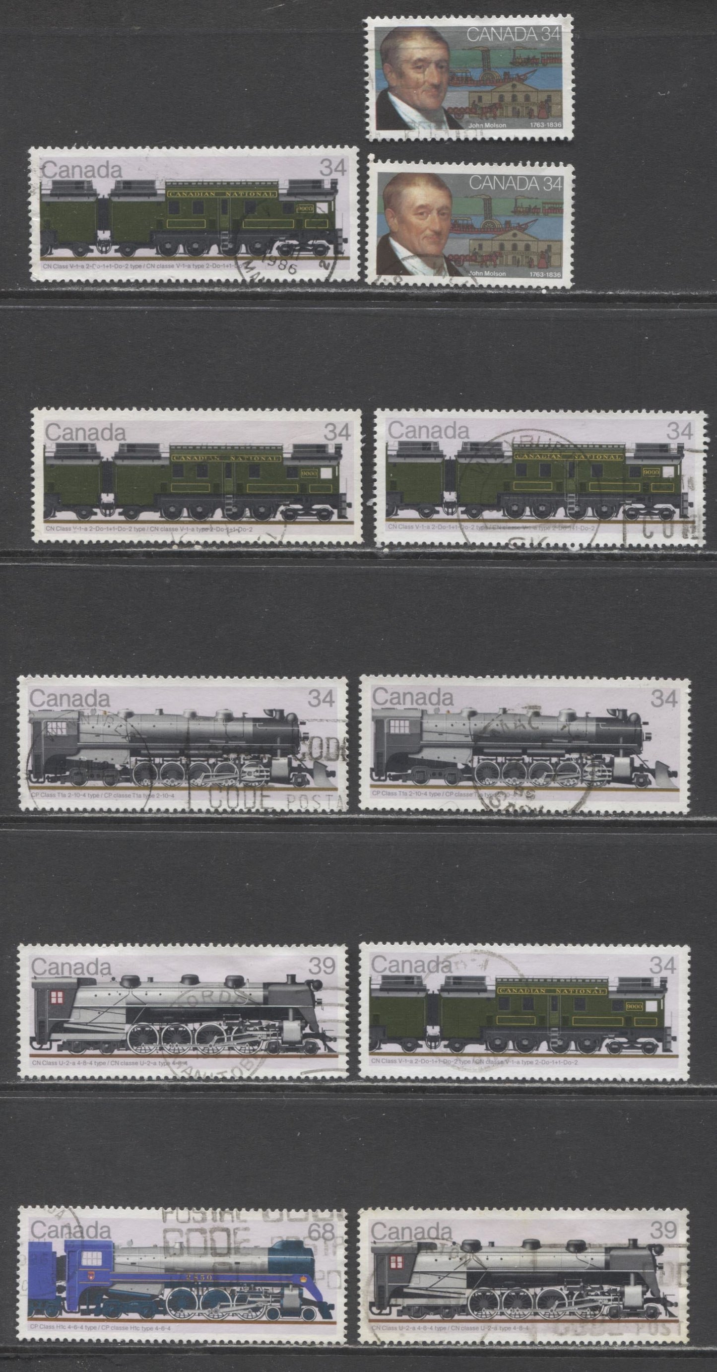 Lot 458 Canada #1117-1121 34c, 39c, 68c Multicoloured Various Trains & John Molson, 1986 Locomotive & John Molson Issues, 11 VF Used Singles Mostly In-Period CDS Cancels, Various Papers