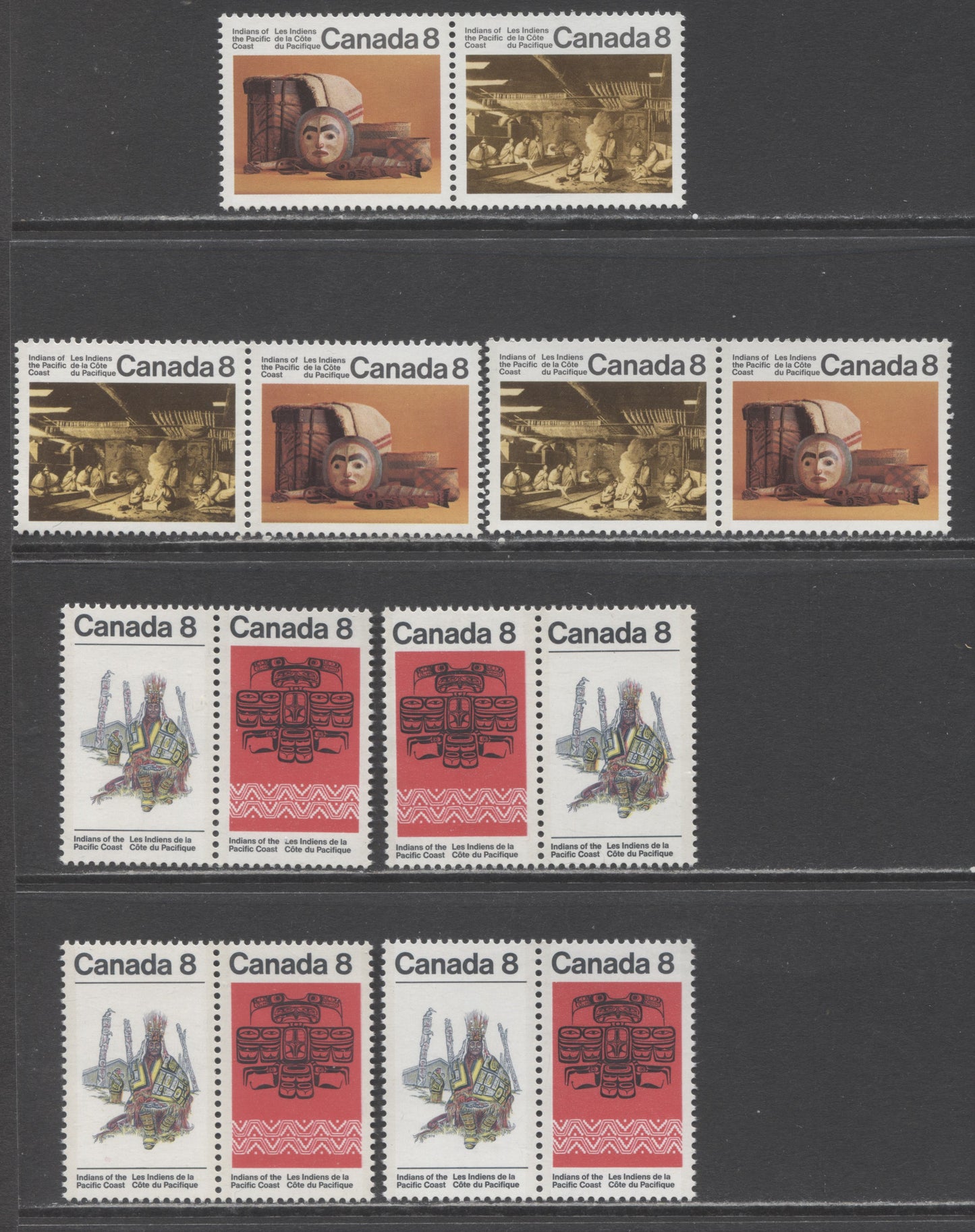 Canada #571a, ai, 573a 8c Multicoloured Various Designs, 1974 Pacific Coast Indians Issue, 7 VFNH Pairs MF/HB, HF/HF, DF/DF, LF/LF, LF/F and LF/DF Papers