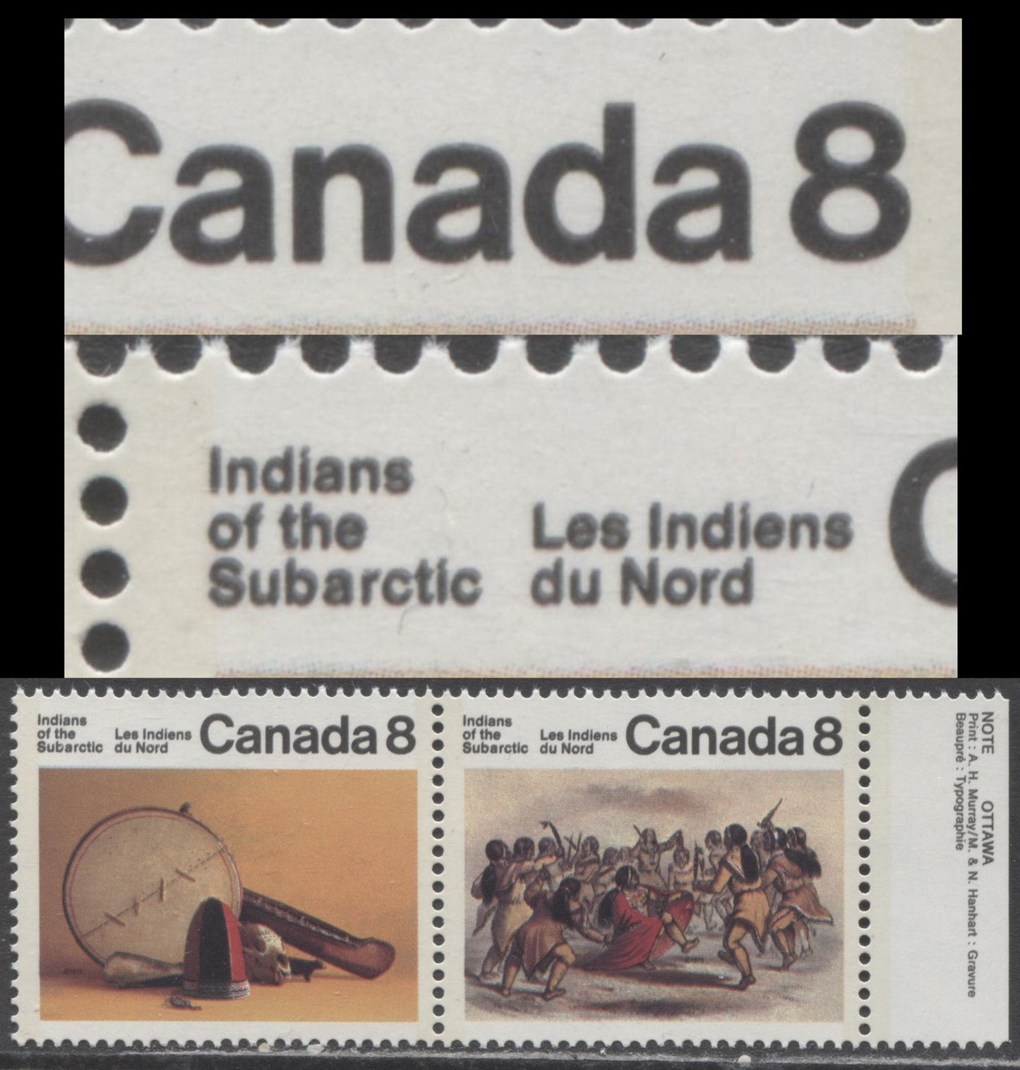 Lot 44 Canada #575avar 8c Multicoloured Kutchin-Kutchin Dance & Artifacts, 1975 Subarctic Indians Issue, A VFNH Partial Inscription Pair Showing Clear Doubling Of The Black, MF/HF Paper