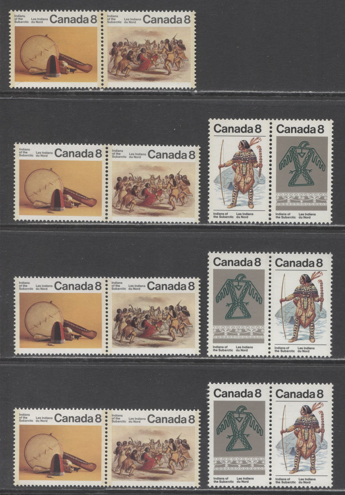 Canada #575a, ai, 577a 8c Multicoloured Various Designs, 1975 Subarctic Indians Issue, 7 VFNH Pairs MF/HF, HF/MF, HF/HF Cream & Bright White Papers, Light & Dark Tags, Different Shade Varieties