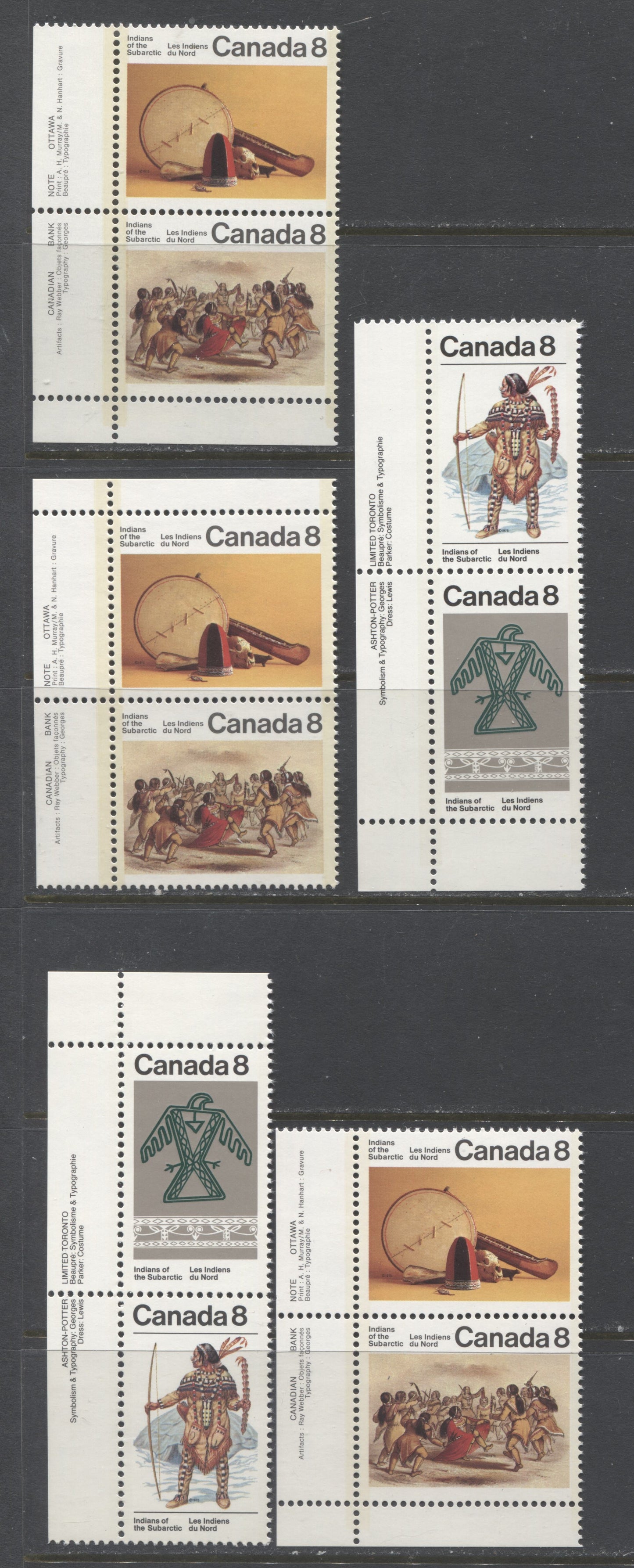 Canada #575a, ai, 577a 8c Multicoloured Various Designs, 1975 Subarctic Indians Issue, 5 VFNH Inscription Pairs MF/HF, HF/MF, HF/HF Cream & Bright White Papers, Light & Dark Tags