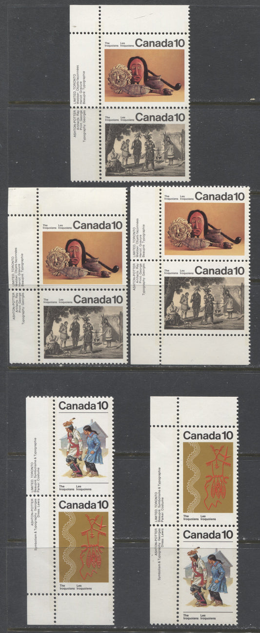 Lot 477 Canada #579a, ai, 581a, ai 10c Multicoloured Various Designs, 1976 Iroquois Indians Issue, 5 VFNH Inscription Pairs DF2/LF3-fl, DF1/NF-fl, DF1/DF2-fl, DF/DF and LF/LF Papers