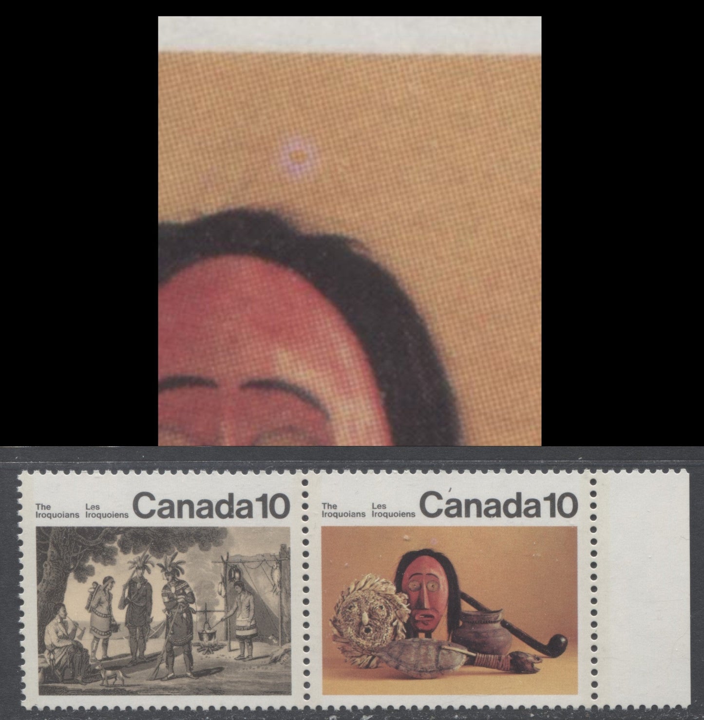 Lot 478 Canada #579avar 10c Multicoloured Encampment & Artifacts, 1976 Iroquois Indians Issue, A VFNH Pair Pink Blemish Above Mask, Pos. 15, Possibly Tertiary, DF1/DF Paper