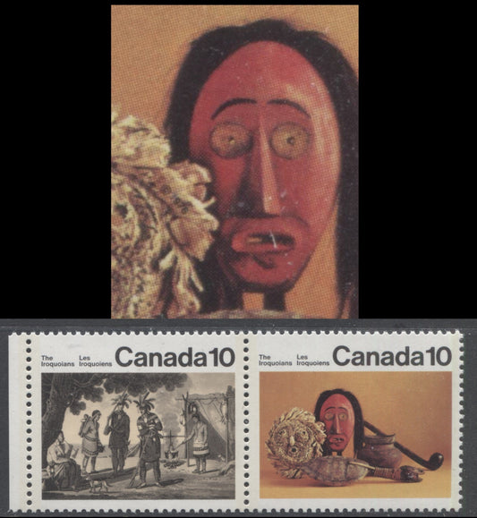 Lot 479 Canada #579avar 10c Multicoloured Encampment & Artifacts, 1976 Iroquois Indians Issue, A VFNH Pair Green Blemish On Mask To Left Of Nose, Possibly Tertiary, DF1/DF2 Paper