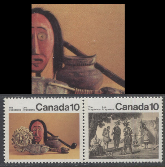 Lot 481 Canada #579avar 10c Multicoloured Encampment & Artifacts, 1976 Iroquois Indians Issue, A VFNH Pair Red Dot Above Pipe, Pos. 31, Possibly Tertiary, DF1/DF2 Paper