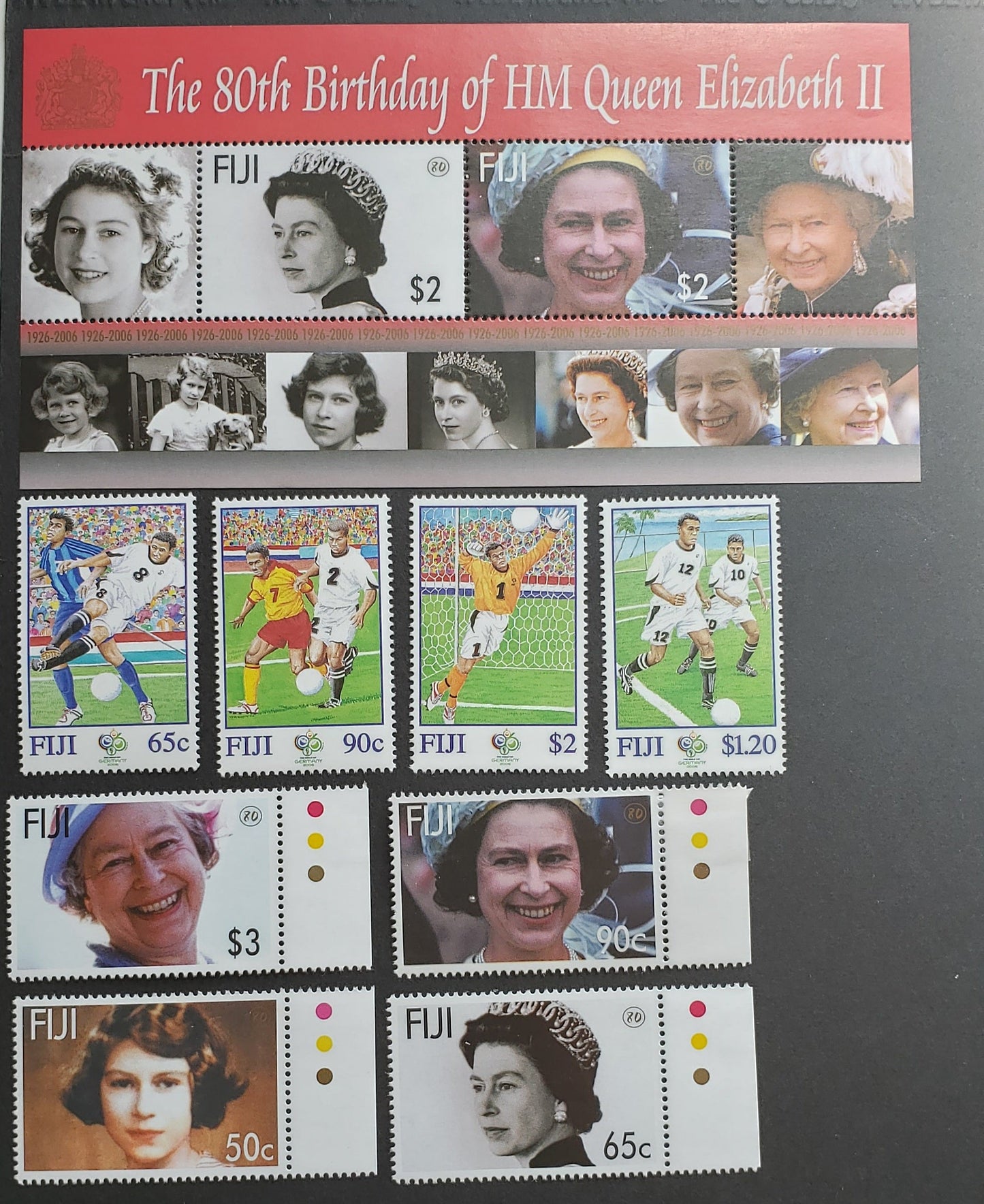 Lot 63 Fiji SC#1088/1101 2006 80th Birthday Of QE 2 - World Cup, 9 VFNH Singles & Souvenir Sheet, Click on Listing to See ALL Pictures, 2017 Scott Cat. $20.5